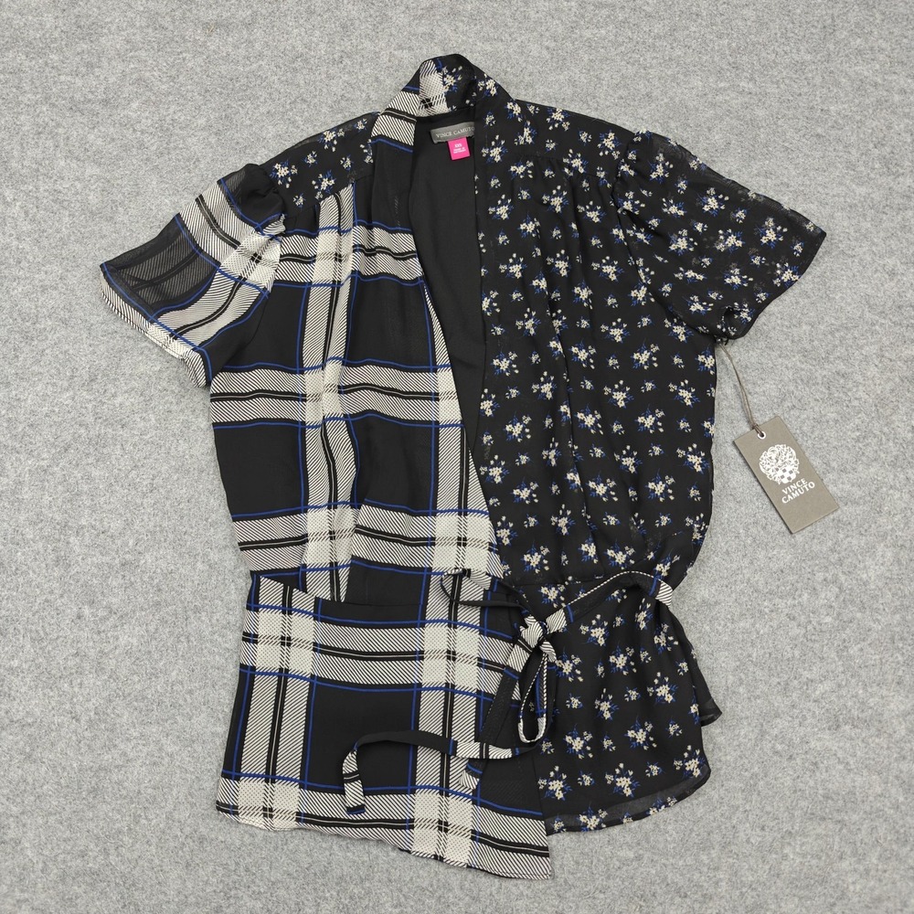 Vince Camuto Top Womens XXS Black Floral Plaid Kimono Wrap Belted Chiffon Blouse